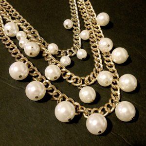 Chunky Gold Tone White Dangling Faux Pearl Multi Chain Necklace Signed Etc.